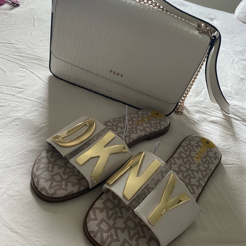 DKNY shoulder bag and matching slides, bundle deal